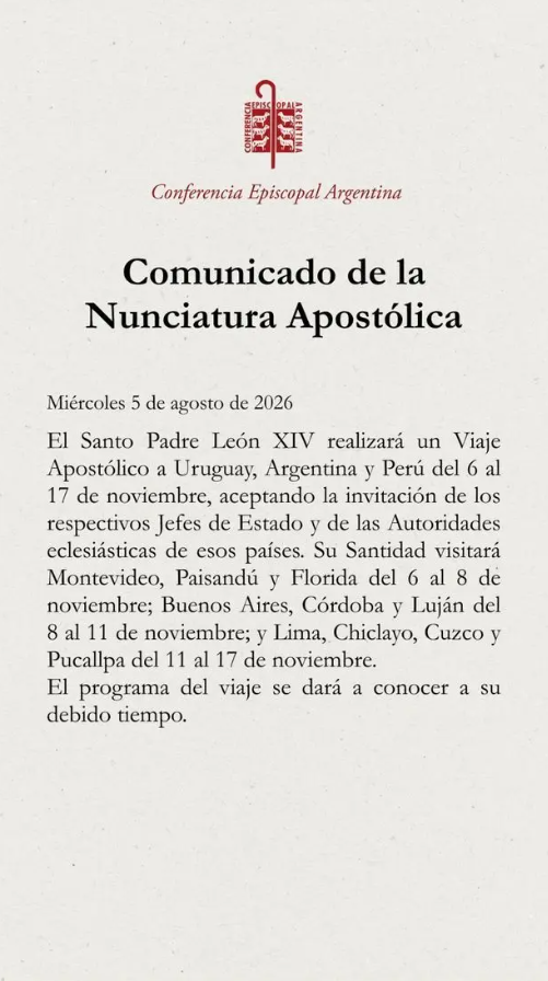 El Vaticano confirmó que el Papa León visitará la Argentina 2